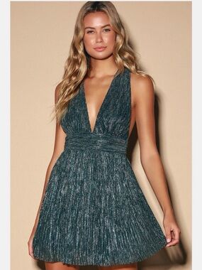 Lulu's Teal Gold Metallic Deep V Mini Dress Size Small